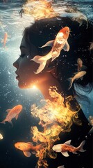 Aufkleber - Visualization of a woman's profile surrounded by vibrant koi fish and swirling flames in a serene aquatic environment