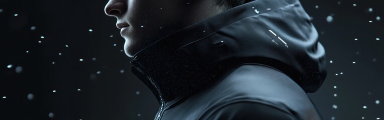 Poster - conceptual visualization showcasing man's profile in a dark, snowy environment with atmospheric deta