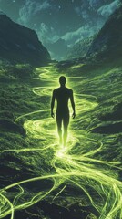 Poster - Man illuminated by glowing energy walking through a mystical landscape at night