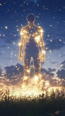 Aufkleber - Glowing silhouette of a man against a starry sky at sunset illuminating the peaceful landscape