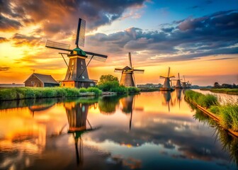 Canvas Print - Charming Dutch Windmills with Canal Reflections - Scenic Rural Landscape