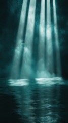 Poster - Cinematic atmosphere with dark teal light beams illuminating a calm water surface at twilight
