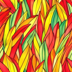 Poster - Bold doodle cartoon drawing of vibrant leaves in watercolor showcasing warm colors of red, yellow, and green