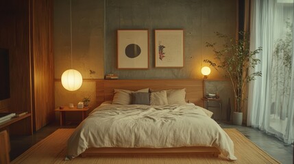Aufkleber - Cozy Japanese-inspired bedroom with minimalist design and soft lighting elements in a serene setting