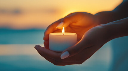 Poster - Hands doing tasks, A serene hand holding a lit candle against a soft sunset background, evoking warmth and tranquility.