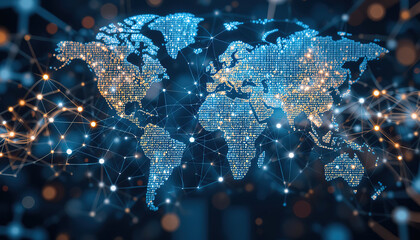 Poster - stylized world map is surrounded a complex network lines and dots, representing global connectivity and the digital pattern