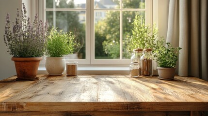 Wall Mural - bright kitchen with wooden table background