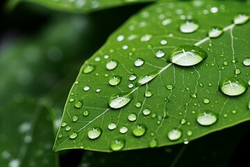 Fototapete - Water drops glistening on a vibrant green leaf, showcasing the beauty of nature after a refreshing rain
