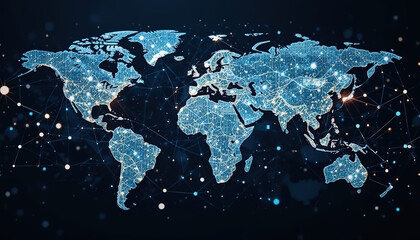 Poster - stylized world map is surrounded a complex network lines and dots, representing global connectivity and the digital pattern