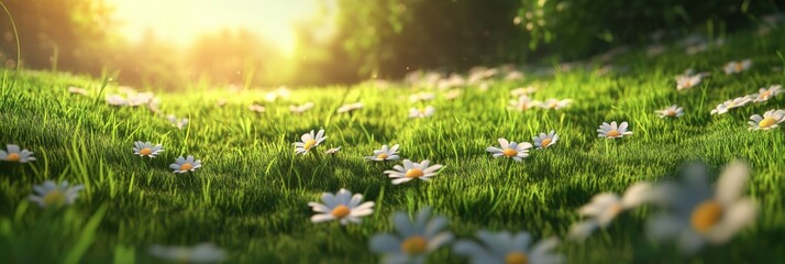 Poster - Blooming white daisies nestled in lush green grass during a vibrant sunset, creating a stunning springtime landscape filled with beauty and tranquility
