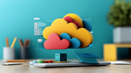 Poster - Cloud storage solutions revolutionizing digital management office setting 3d render vibrant colors close-up technology concept