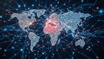 Poster - stylized world map is surrounded a complex network lines and dots, representing global connectivity and the digital pattern