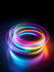 Canvas Print - Swirling neon rings emit a brilliant glow in the dark, crafting an enchanting 3D effect with a reflective surface that beautifully captures vibrant colors radiating outward in all directions