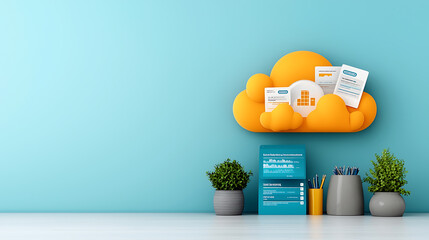 Poster - Cloud computing solutions for modern businesses office setting digital content bright environment close-up view innovation and efficiency