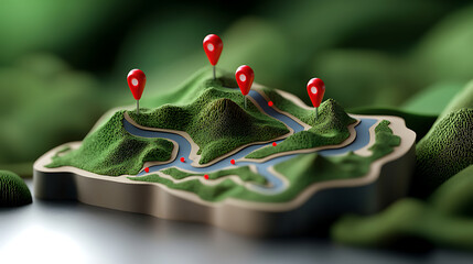 Poster - Exploring detailed terrain maps with location markers a scenic overview of nature's beauty in 3d visualization