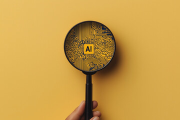 Poster - AI Inspection: A hand holds a magnifying glass revealing intricate AI circuitry. The vibrant yellow background emphasizes the technological focus.