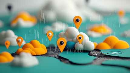 Poster - Interactive map exploration with location pins digital landscape 3d visualization cloud environment aerial view modern geolocation concepts