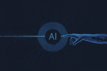 Poster - AI Genesis: A stylized hand reaches towards a glowing circle displaying 