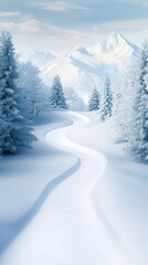 Poster - Picturesque winter scene unfolds, featuring a winding snow path meandering through a serene landscape of snow covered mountains and majestic pine trees, creating a breathtaking winter wonderland