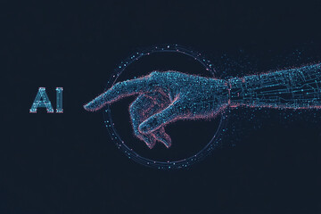 Poster - AI Hand Activation: A stylized, particle-based hand reaches toward a circular interface, symbolizing the activation or control of artificial intelligence. The letter 