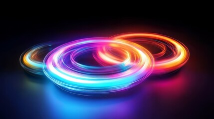 Poster - A collection of colorful and vibrant neon rings swirls and glows brilliantly against a rich dark backdrop, creating a captivating and mesmerizing 3D effect with radiant and dynamic reflections