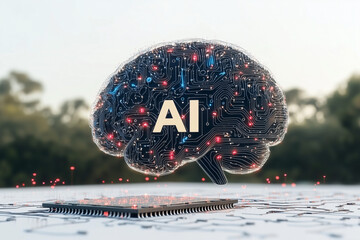 Poster - AI Brain: An abstract representation of Artificial Intelligence in the form of a circuit board shaped as a human brain, suggesting the merging of technology and human intellect.