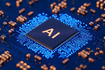 Poster - AI Microchip: AI technology represented by a glowing microchip with the letter 