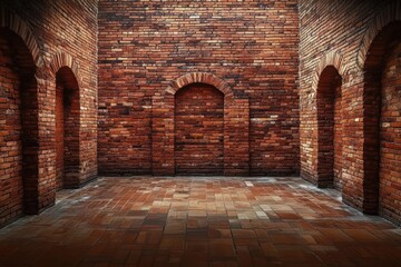 Poster - old red brick wall interior with arched openings and cobblestone floor, ideal for background, archit