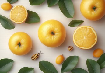 Wall Mural - Overhead shot of yellow fruits, lemon slices, green leaves, and small insects on a light wood background