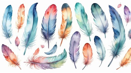 Poster - colorful watercolor feathers in various shapes and sizes arranged creatively on a white background