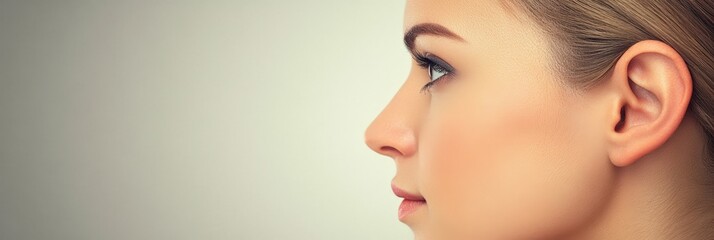 Poster - Profile view of a young woman showcasing healthy skin and vibrant hair, emphasizing the significance of hearing and sound perception through her ear's detailed features