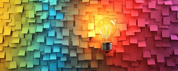 Wall Mural - Innovative brainstorming with colorful sticky notes and glowing light bulbs, symbolizing breakthrough ideas and creative thinking for problemsolving and progress