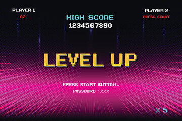 Poster - level up. press start button. pixel art .8 bit game. retro game. for game assets in vector illustrat