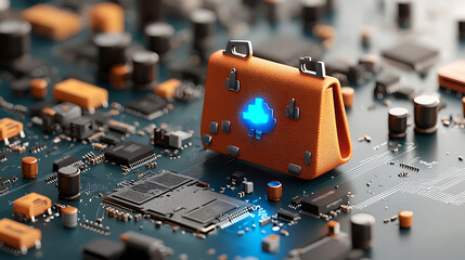 Poster - Innovative technology showcase smart device on circuit board digital art futuristic setting close-up view conceptual design for tech enthusiasts