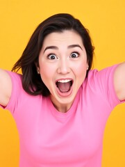 Wall Mural - an image of a woman with her arms up in the air, woman in pink shirt holding up a banana and making a funny face