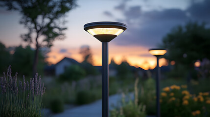 Poster - A serene evening scene featuring modern street lamps illuminating a pathway with colorful flowers during sunset