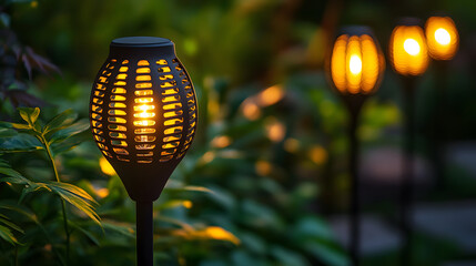 Aufkleber - Beautiful garden lights illuminating a serene outdoor space, creating a cozy and inviting atmosphere at dusk