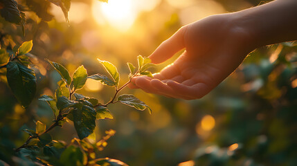 Poster - A hand gently touches green leaves at sunset, symbolizing nature and growth in a serene, warm environment