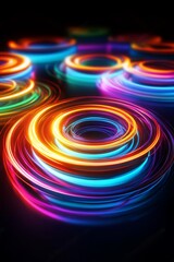 Poster - In the dark ambiance, hypnotic neon rings swirl gracefully and mesmerizingly, crafting a captivating 3D effect filled with vibrant colors and an intriguing reflective surface that draws one in