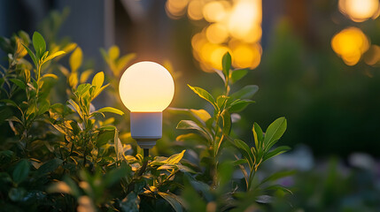 Aufkleber - A glowing light bulb surrounded by vibrant green leaves at sunset, creating a warm, inviting atmosphere in a garden setting