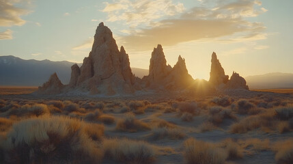 Poster - Majestic rock formations illuminated by a sunset in a serene desert landscape, showcasing natural beauty and tranquility