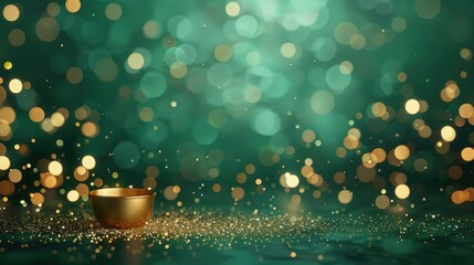 Poster - stunning golden bowl surrounded by shimmering bokeh and abstract lights on a vibrant green backgroun