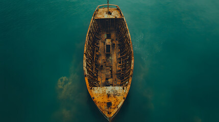 Poster - Aerial view of a weathered shipwreck resting on calm turquoise waters, showcasing rust and marine growth