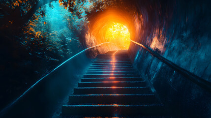 Aufkleber - A vibrant tunnel illuminated by warm light at the end, with stairs leading up through a misty, colorful atmosphere