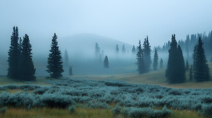Poster - Misty landscape with evergreen trees and rolling hills, creating a serene and tranquil atmosphere