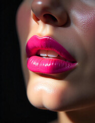 Close up lips of woman. beautiful lips with pink lipstick. Macro shot. Fashion sensual lips with make up. AI Generated