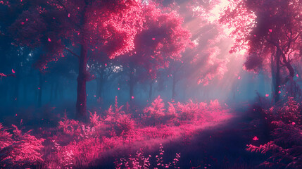 Poster - A vibrant forest scene bathed in pink and blue hues, showcasing trees and foliage illuminated by soft, ethereal light