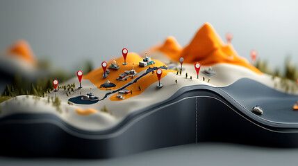 Poster - Exploring geographic insights 3d map models with landmarks mountains and rivers digital environment close-up view data visualization concept