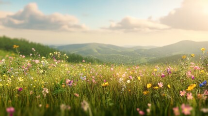Aufkleber - Wildflowers blanket a vibrant meadow, creating a colorful foreground against a backdrop of rolling hills bathed in the warm glow of the setting sun, offering a serene and picturesque view