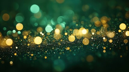 Poster - beautiful bokeh background with soft blurred lights and sparkling effects in green and gold tones fo